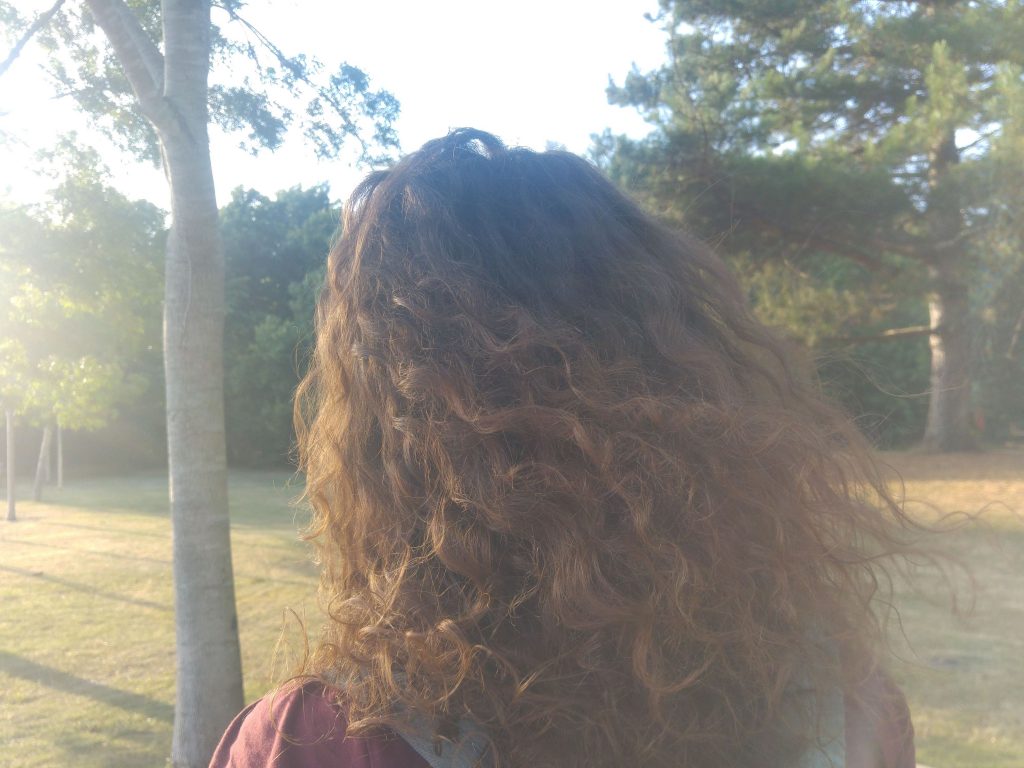 a tree at the left of the picture, sun shining down on curly hair and grass in the background